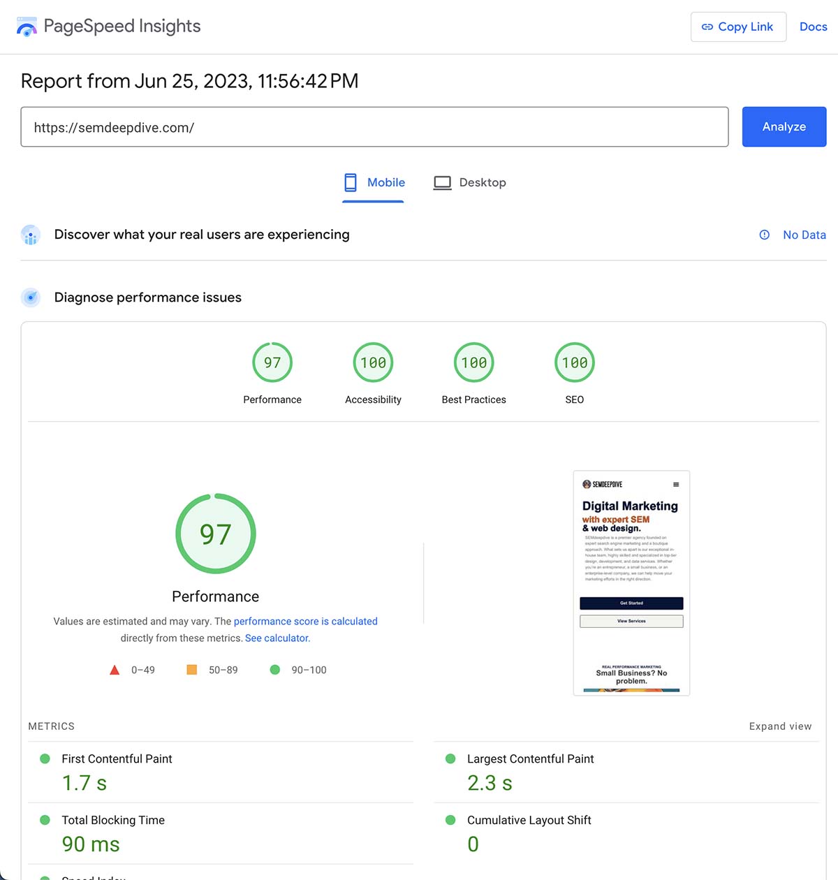 97 mobile pagespeed insights score