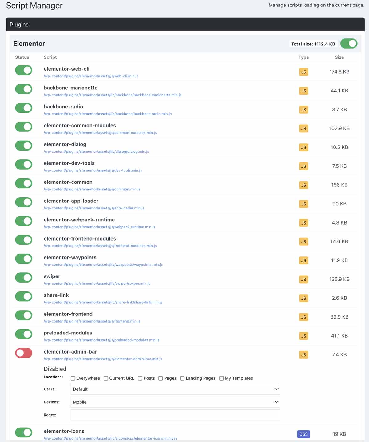 Perfmatters Script Manager for Individual Page Management of Scripts