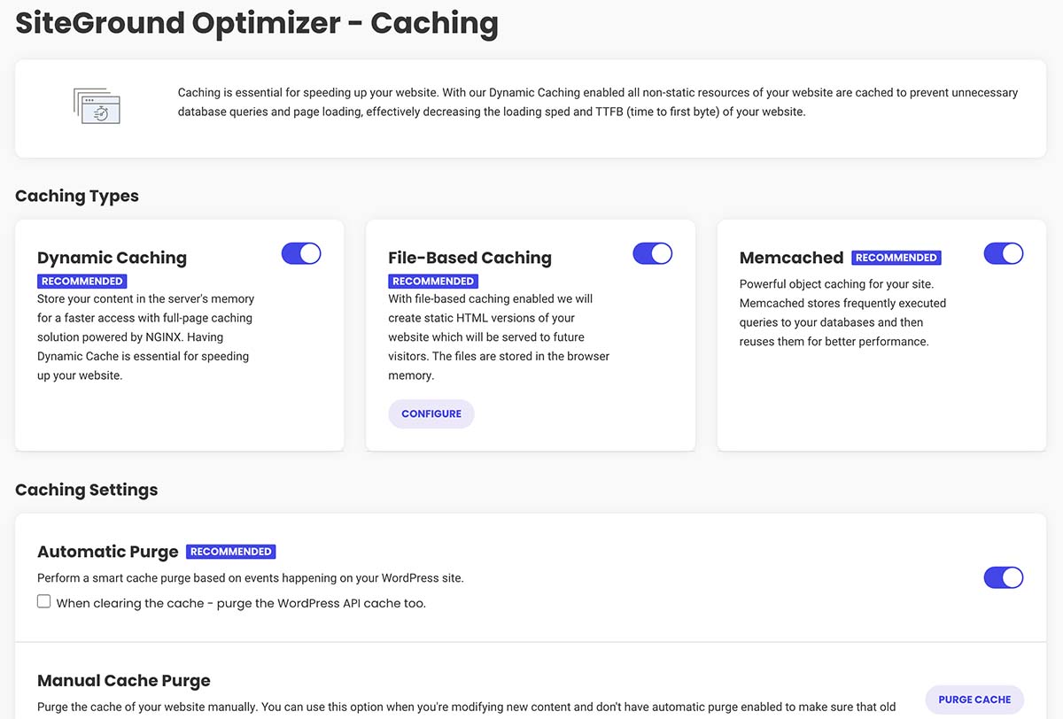 SiteGround SG Optimizer cache settings for fast WP page loading speeds