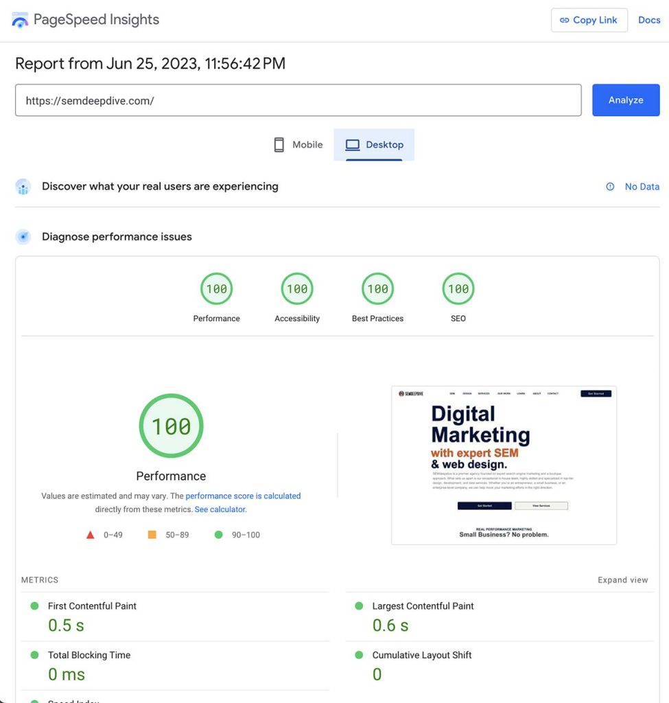 perfect 100 PageSpeed insights score 2023