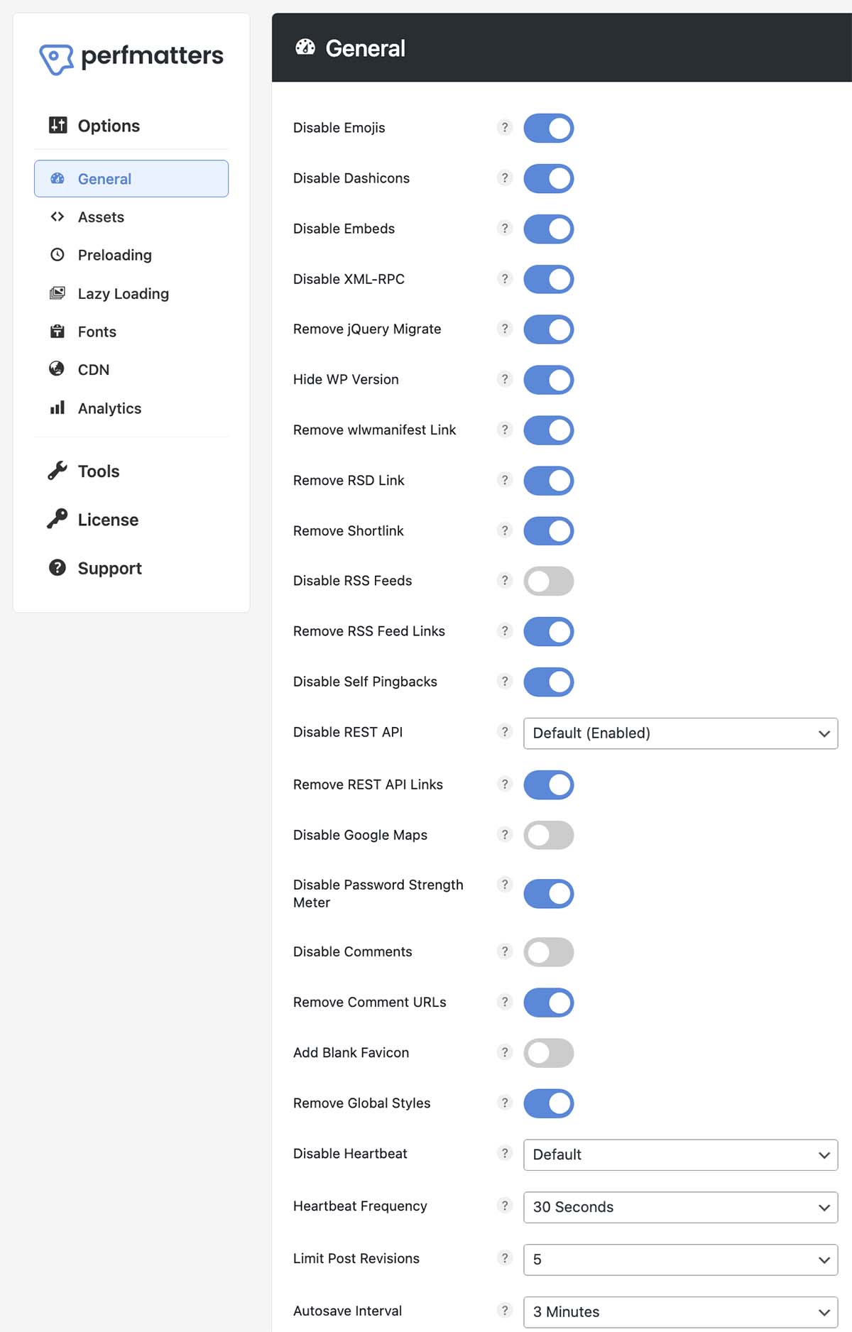 Perfmatters speed optimization settings - example of our settings