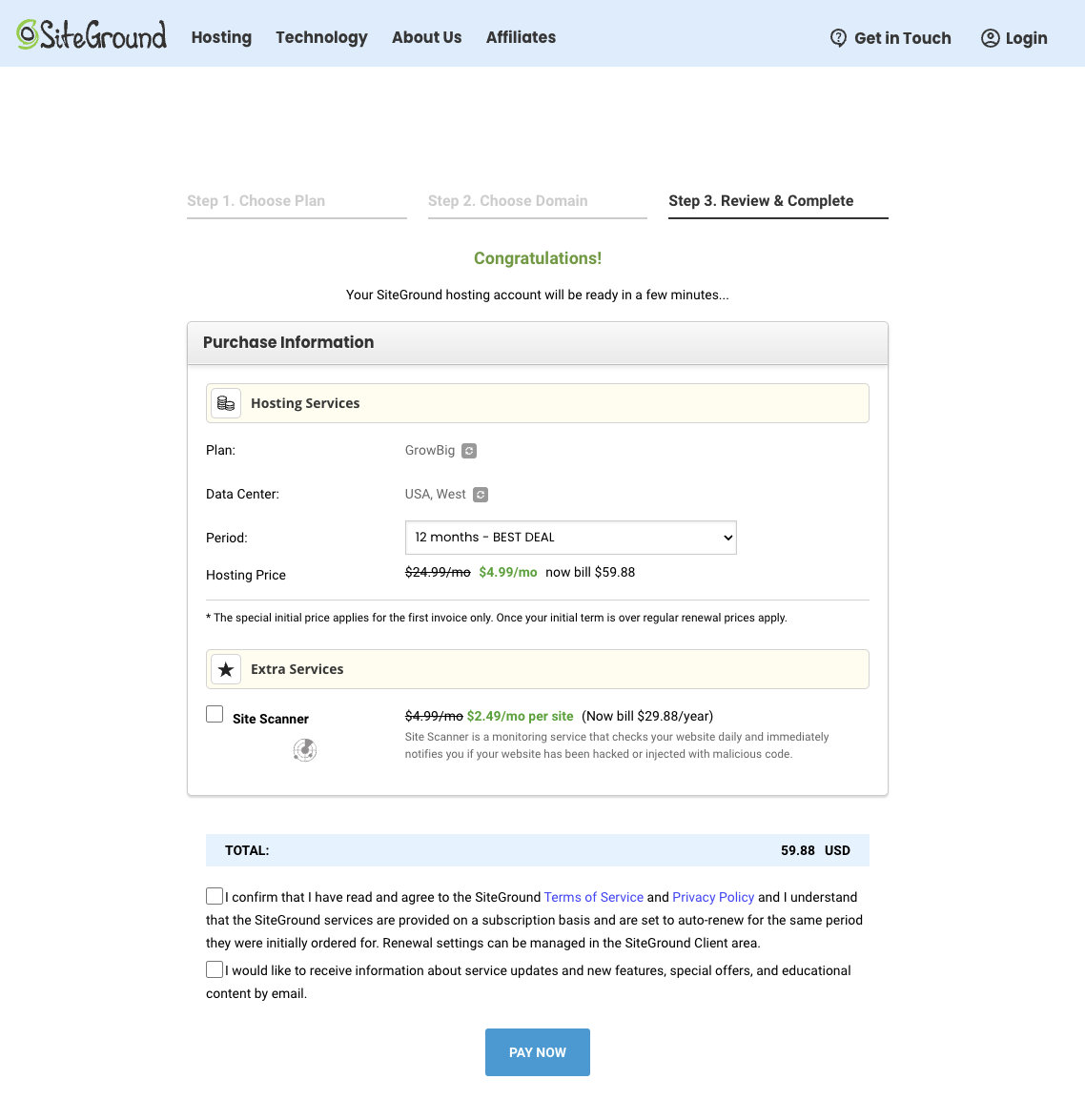 picking a plan at siteground