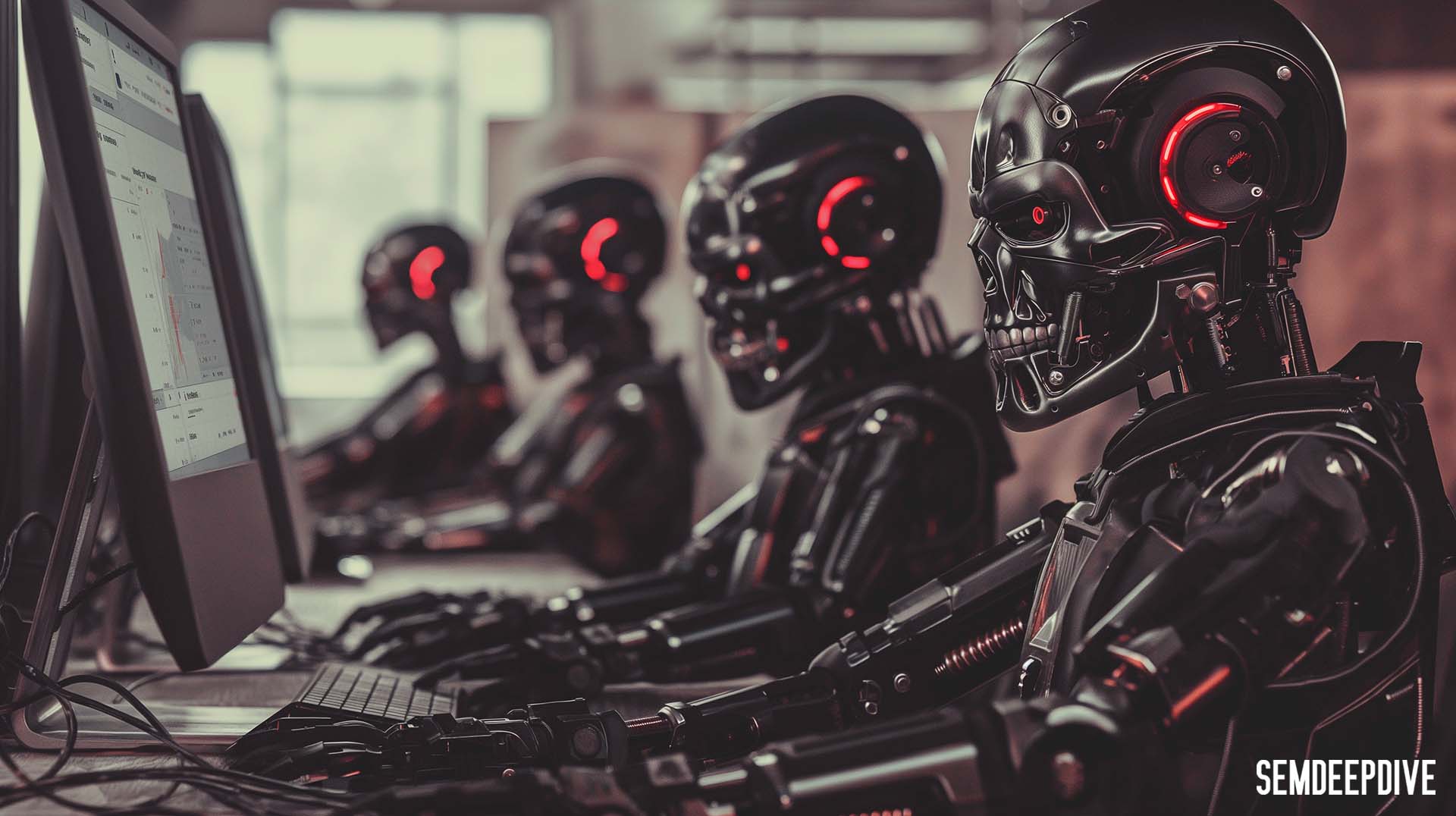 AI and Human SEM expert hybrid strategy | SEMDEEPDIVE | SEMDEEPDIVE Humorous artistic image of Skynet terminators helping SEM clients