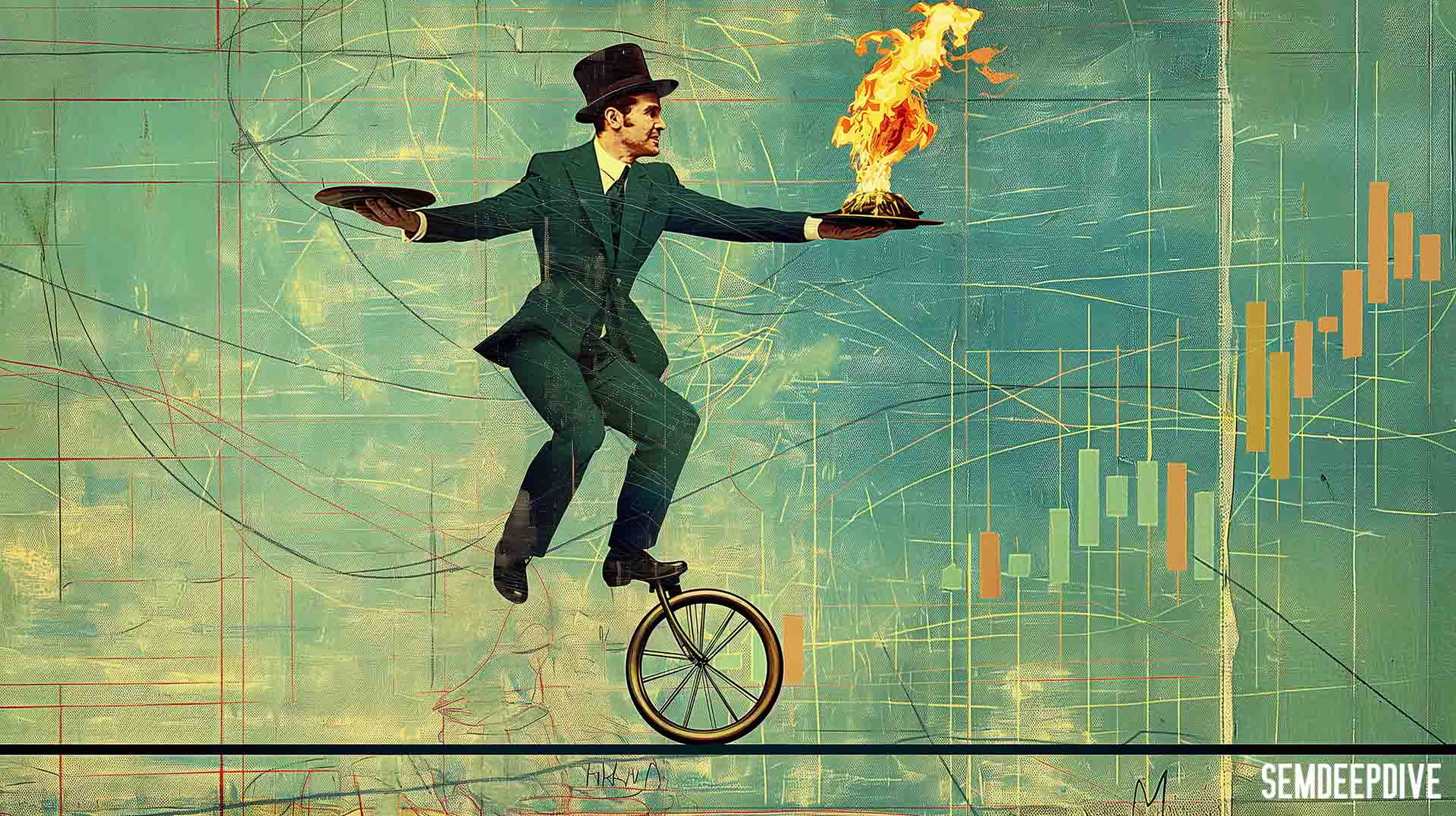 SEM agencies helping in-house marketing teams | SEMDEEPDIVE | SEMDEEPDIVE artistic impressions of SEM agencies helping in-house marketing teams as marketer on unicycle on tightrope holding plates
